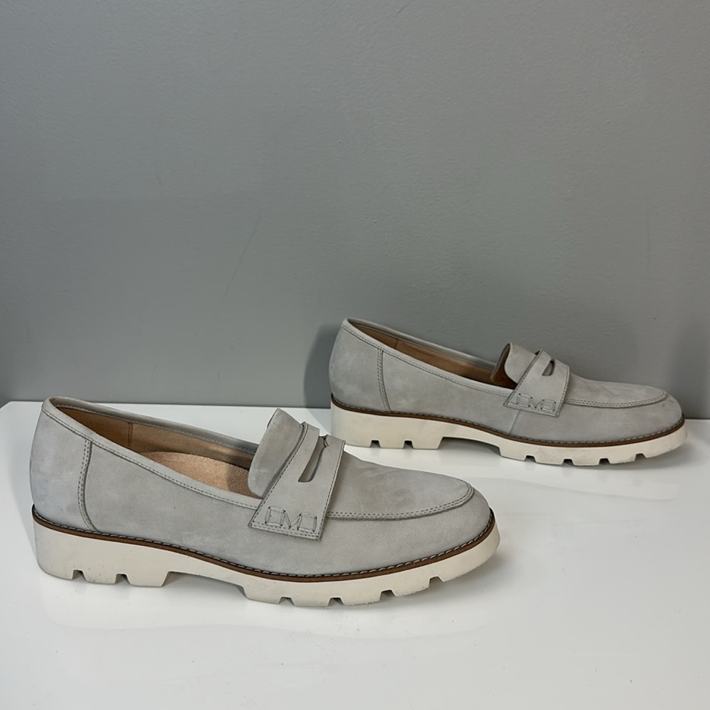 Vionic Light Gray Suede Penny Loafers - Picture 2 of 13